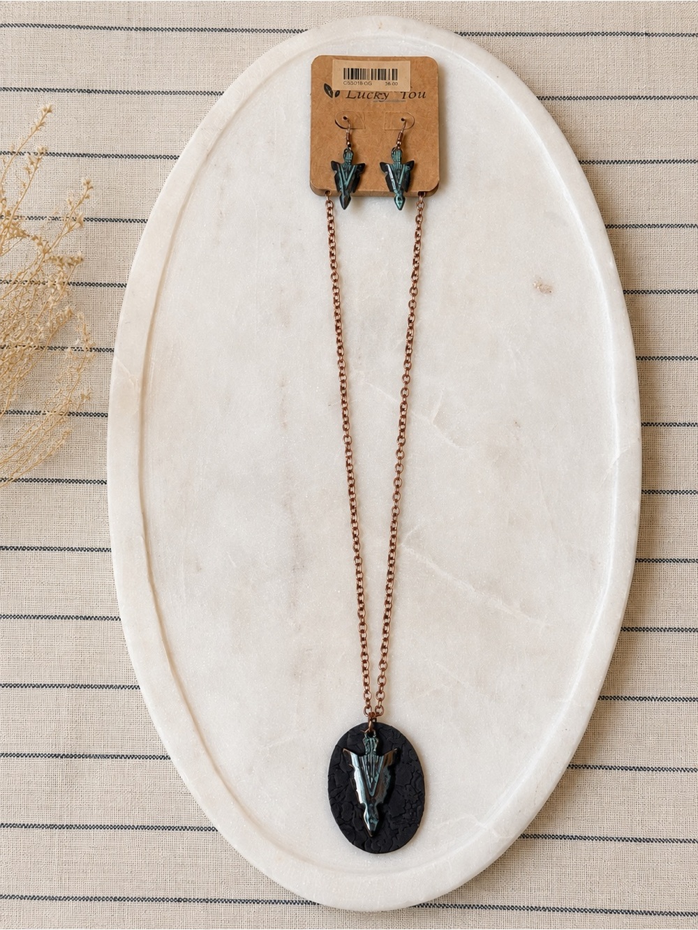✨Lucky You Patina Arrowhead Necklace & Earrings Set, Leather detail NWT ✨